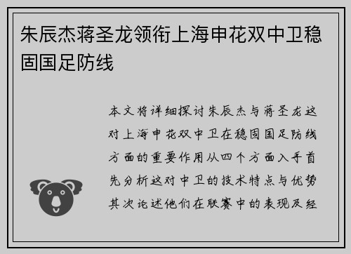 朱辰杰蒋圣龙领衔上海申花双中卫稳固国足防线